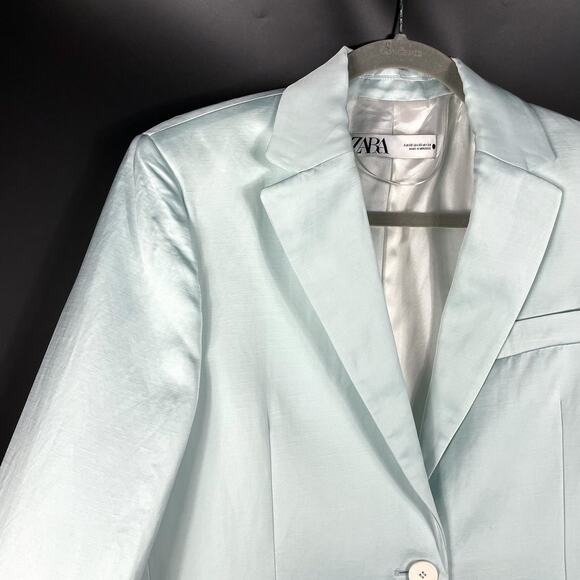 Zara Blazer Light Blue‎ Straight Cut 2-Button Jacket Linen Blend Sz XS Women - Picture 7 of 14